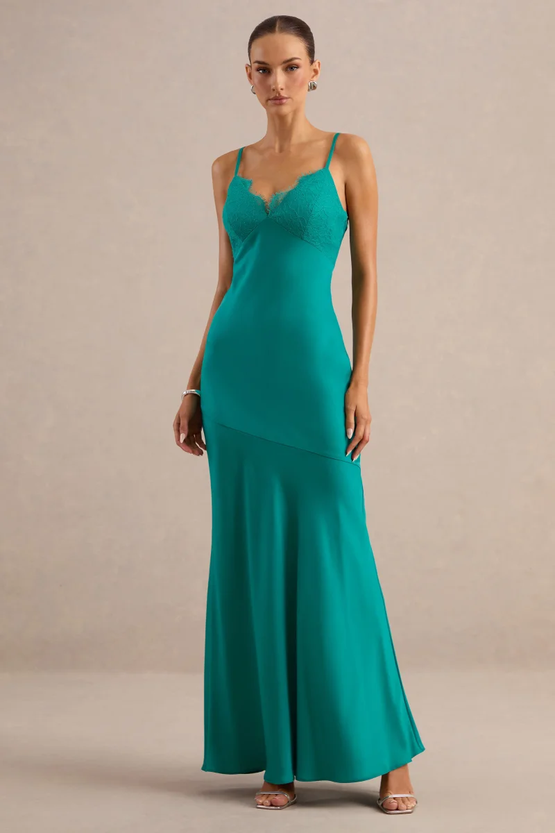 Kyralie | Vestido Largo Verde De Satén Con Escote En V - Imagen 2