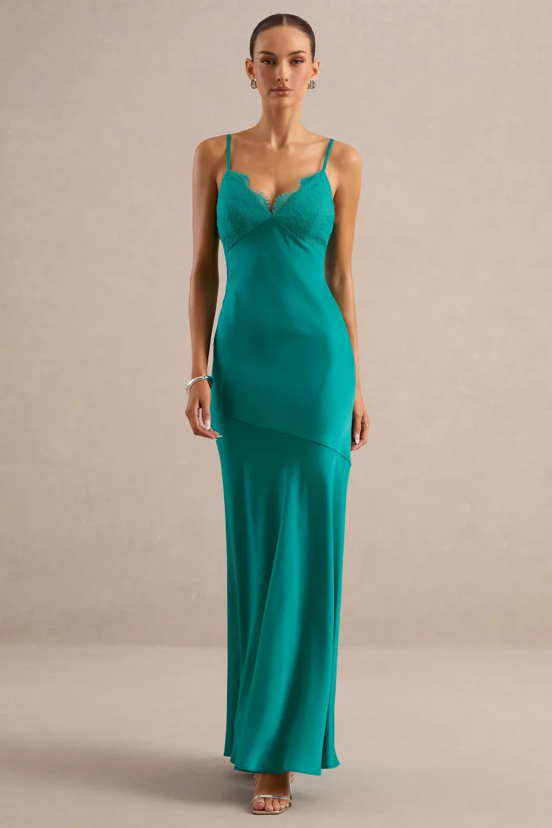 Kyralie | Vestido Largo Verde De Satén Con Escote En V - Imagen 4