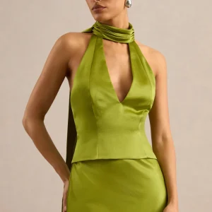 Lareina | Top Verde Oliva De Satén Con Escote Halter