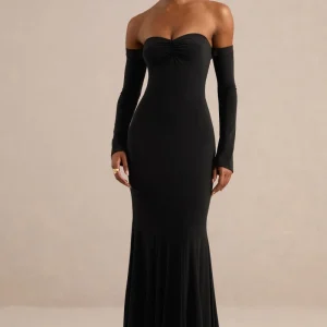 Gaelline | Vestido Largo Negro Escote Bardot Cola De Sirena