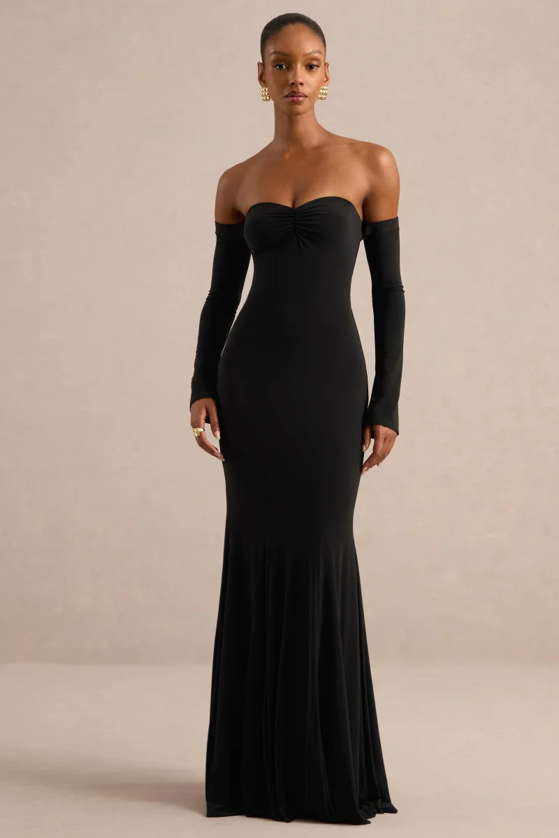 Gaelline | Vestido Largo Negro Escote Bardot Cola De Sirena - Imagen 2