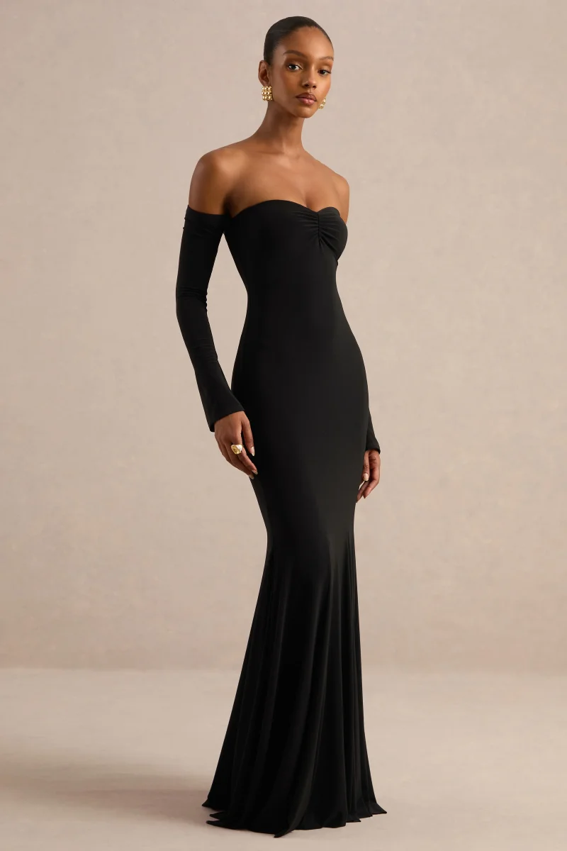 Gaelline | Vestido Largo Negro Escote Bardot Cola De Sirena - Imagen 4