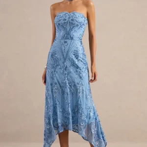 Galathea | Vestido Midi de Encaje Azul con Escote Palabra de Honor y Detalle de Cuello