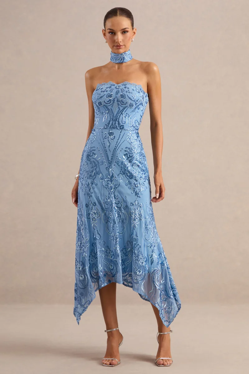 Galathea | Vestido Midi de Encaje Azul con Escote Palabra de Honor y Detalle de Cuello