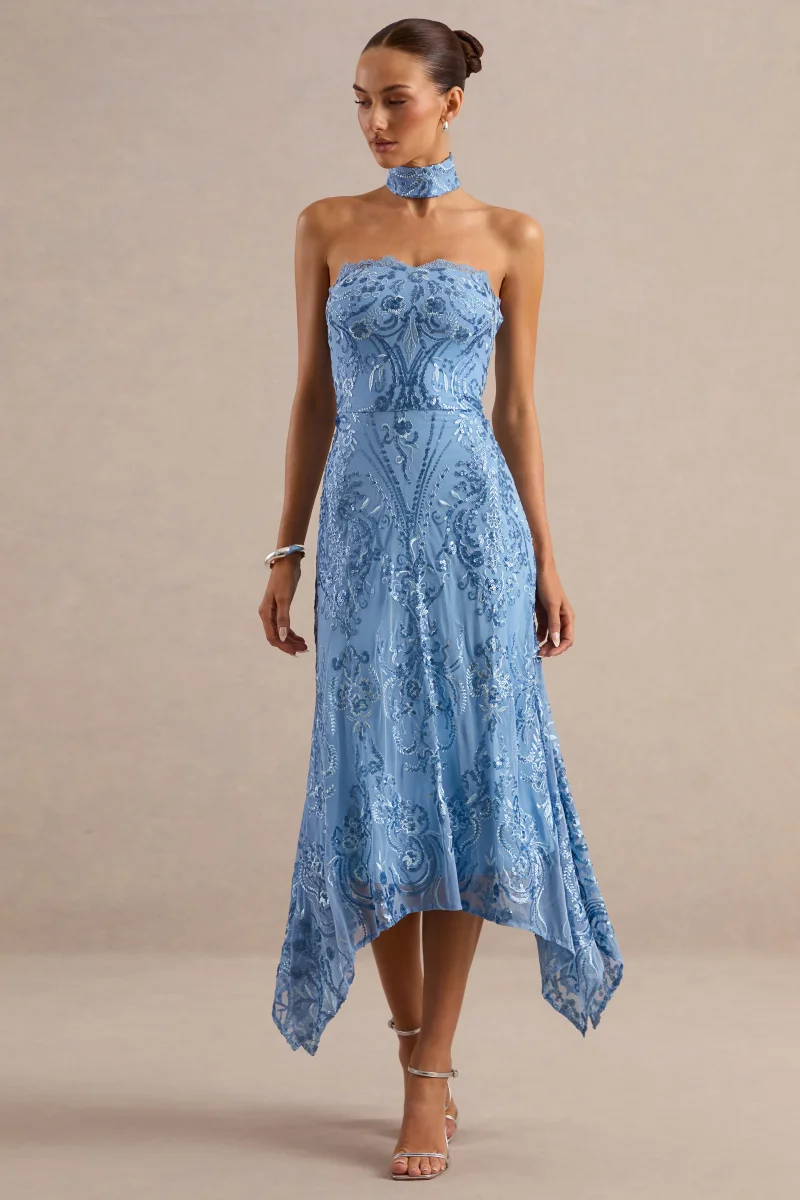 Galathea | Vestido Midi de Encaje Azul con Escote Palabra de Honor y Detalle de Cuello - Imagen 4