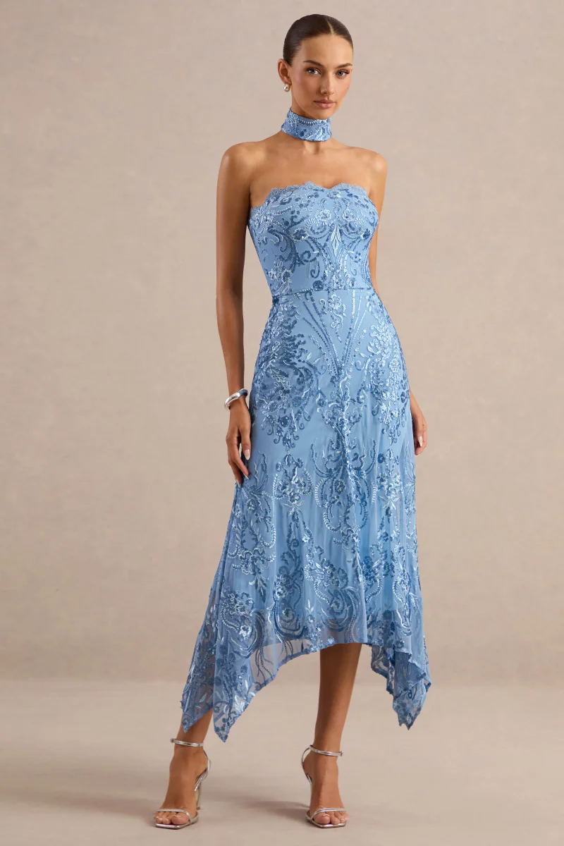Galathea | Vestido Midi de Encaje Azul con Escote Palabra de Honor y Detalle de Cuello - Imagen 6
