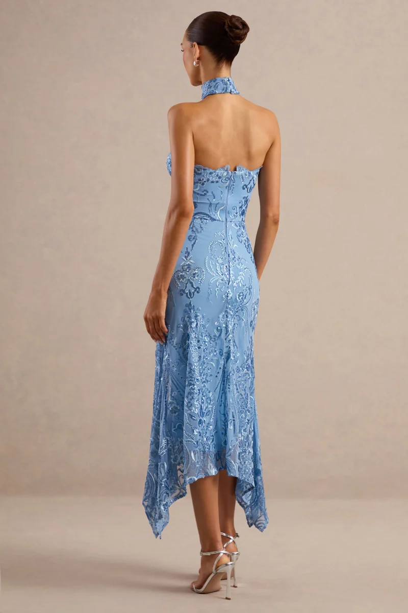 Galathea | Vestido Midi de Encaje Azul con Escote Palabra de Honor y Detalle de Cuello - Imagen 3