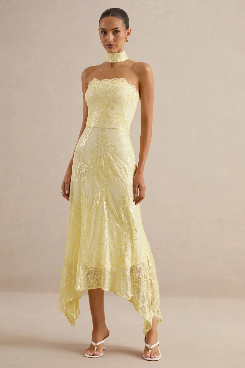 Galathea | Vestido Midi de Encaje Amarillo con Escote Palabra de Honor y Detalle de Cuello - Imagen 2