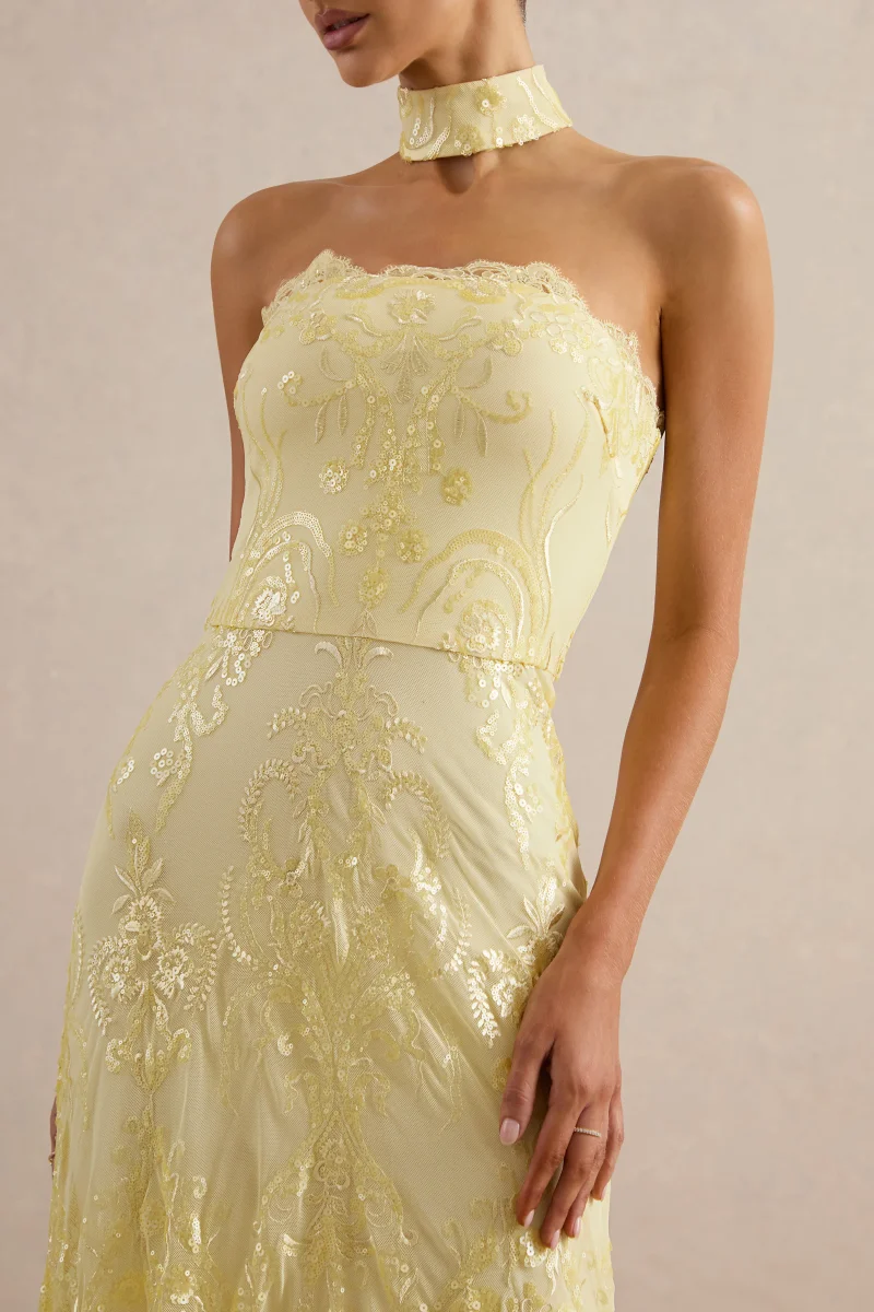 Galathea | Vestido Midi de Encaje Amarillo con Escote Palabra de Honor y Detalle de Cuello - Imagen 5