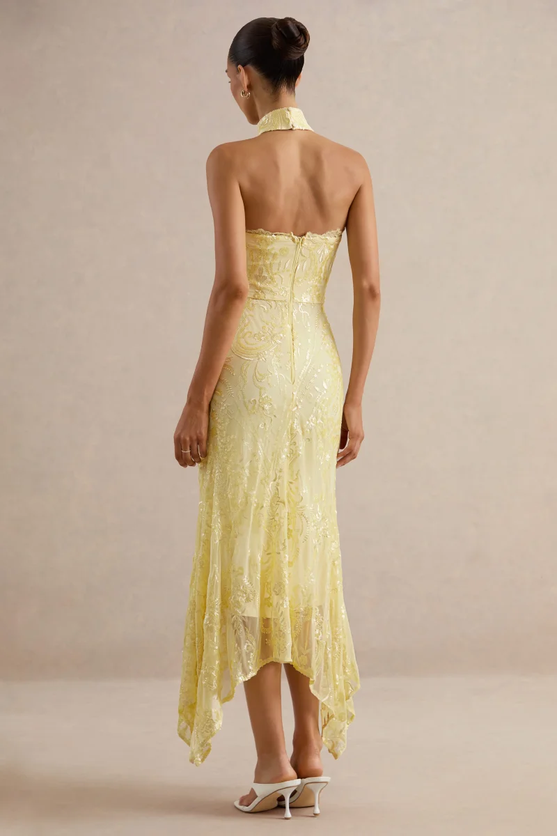 Galathea | Vestido Midi de Encaje Amarillo con Escote Palabra de Honor y Detalle de Cuello - Imagen 3