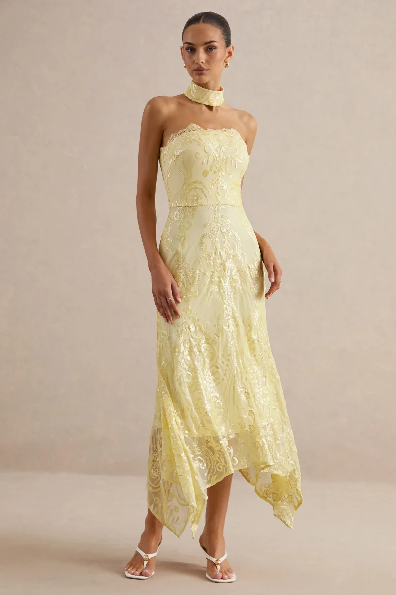 Galathea | Vestido Midi de Encaje Amarillo con Escote Palabra de Honor y Detalle de Cuello - Imagen 6