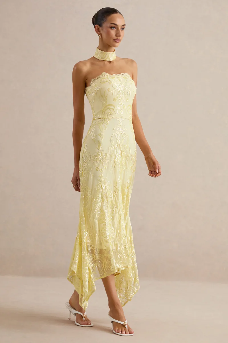 Galathea | Vestido Midi de Encaje Amarillo con Escote Palabra de Honor y Detalle de Cuello - Imagen 4