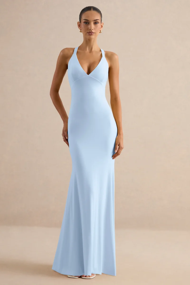 Goldiea | Vestido largo azul claro con cuello halter y silueta de cola de sirena - Imagen 5