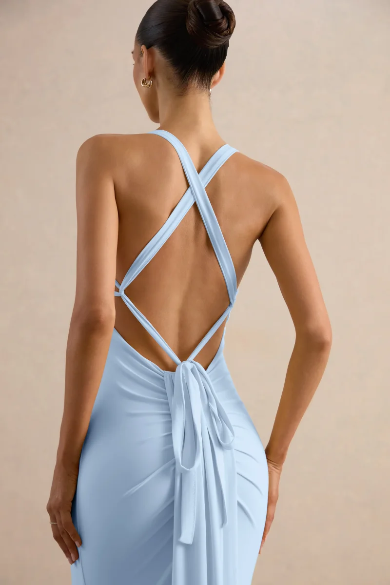 Goldiea | Vestido largo azul claro con cuello halter y silueta de cola de sirena - Imagen 7