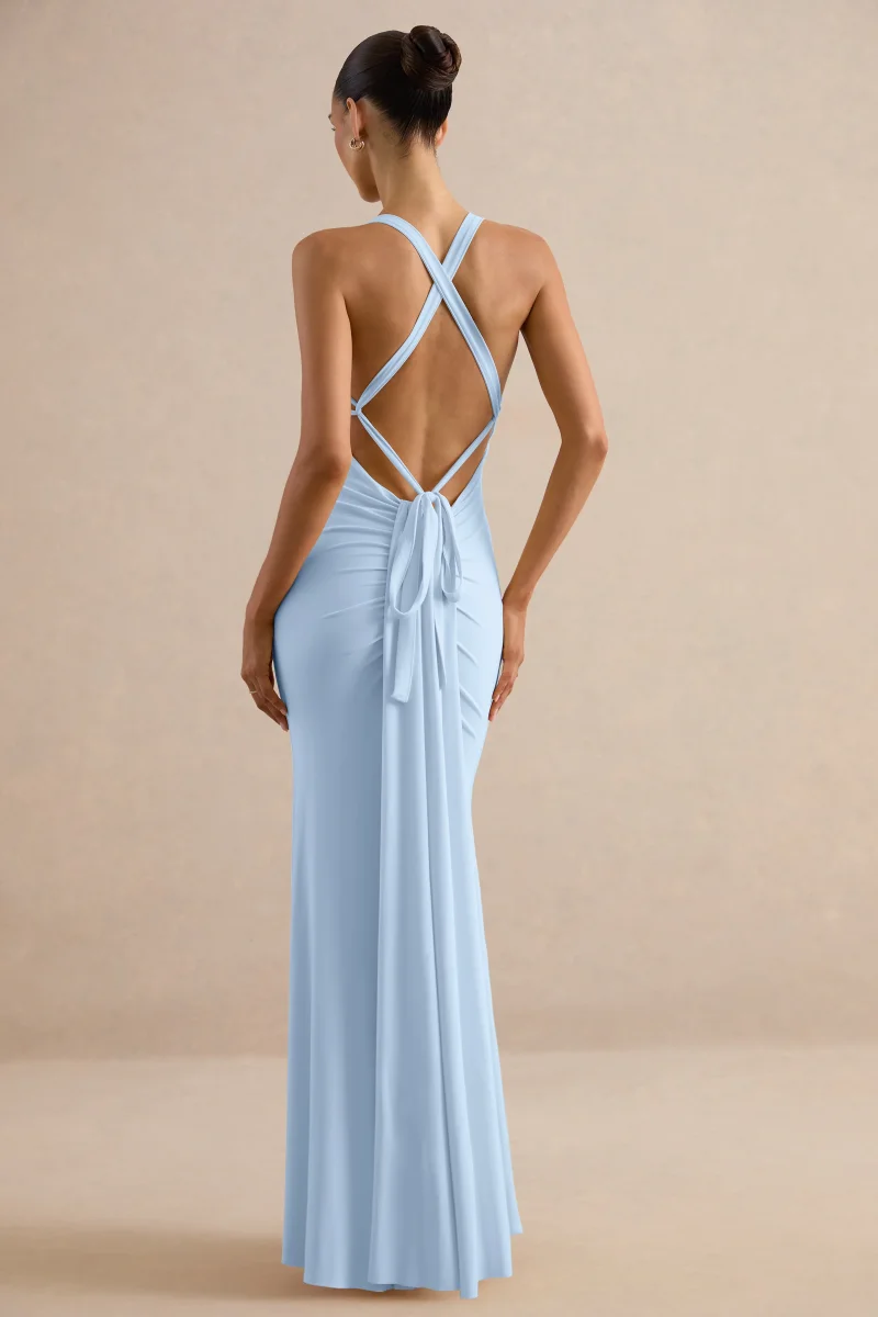 Goldiea | Vestido largo azul claro con cuello halter y silueta de cola de sirena - Imagen 2