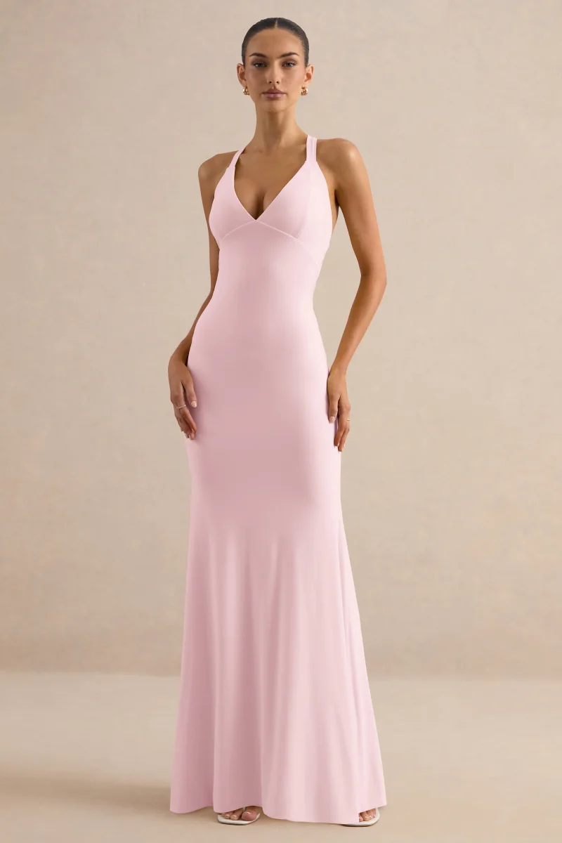 Goldiea | Vestido largo rosa claro con cuello halter y silueta de cola de sirena - Imagen 3