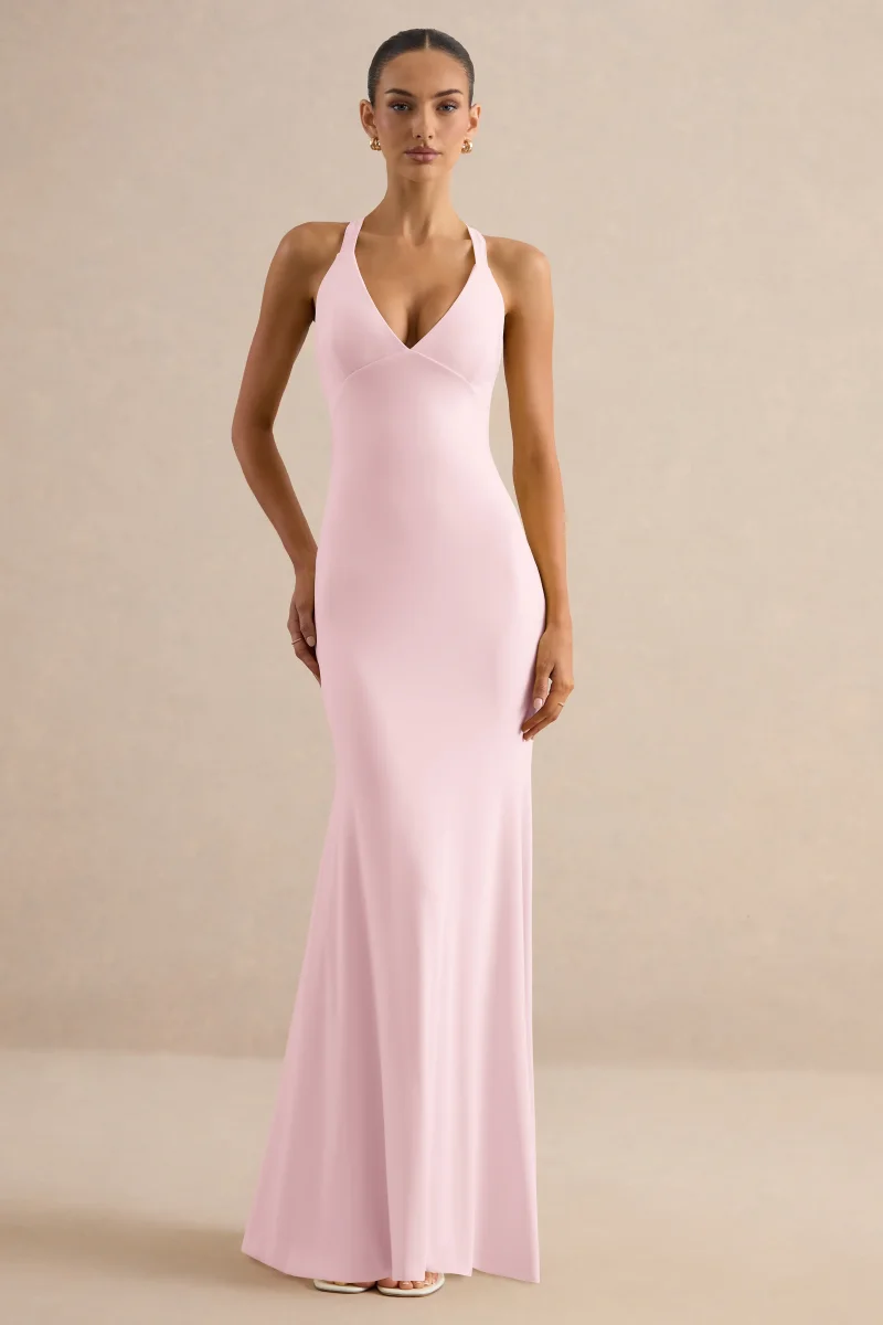 Goldiea | Vestido largo rosa claro con cuello halter y silueta de cola de sirena - Imagen 5
