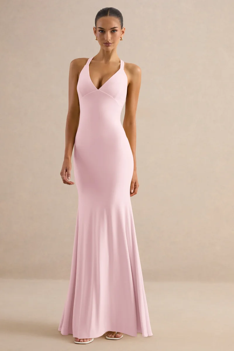 Goldiea | Vestido largo rosa claro con cuello halter y silueta de cola de sirena - Imagen 6