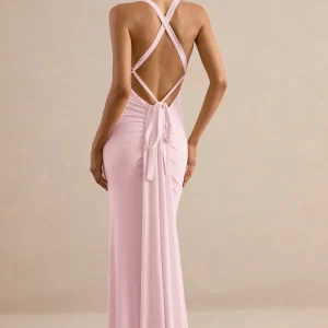 Goldiea | Vestido largo rosa claro con cuello halter y silueta de cola de sirena
