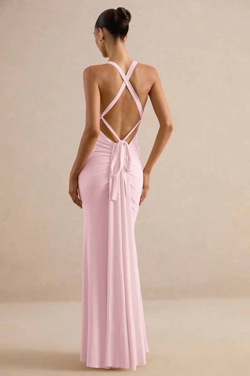 Goldiea | Vestido largo rosa claro con cuello halter y silueta de cola de sirena - Imagen 2