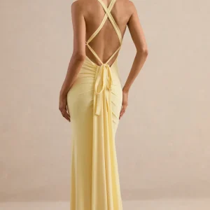 Goldiea | Vestido largo amarillo limón con cuello halter y bajo de cola de pez