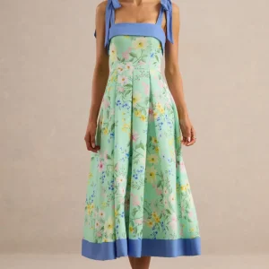 Marlisa | Vestido Midi Estampado Floral Verde Menta Con Escote Cuadrado Y Tirantes Con Lazos