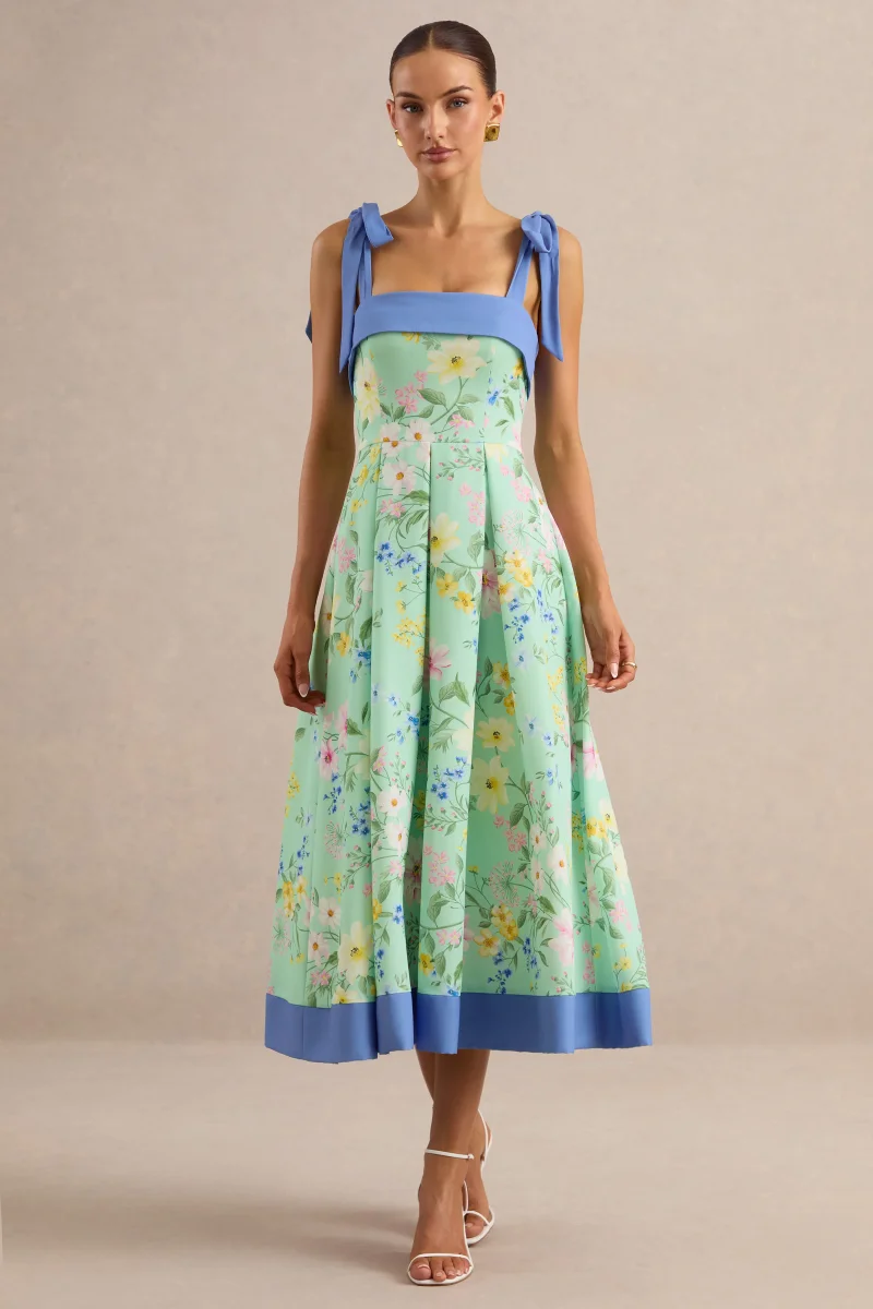 Marlisa | Vestido Midi Estampado Floral Verde Menta Con Escote Cuadrado Y Tirantes Con Lazos