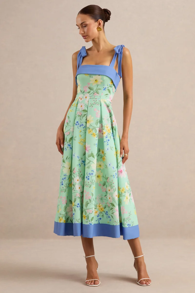 Marlisa | Vestido Midi Estampado Floral Verde Menta Con Escote Cuadrado Y Tirantes Con Lazos - Imagen 4