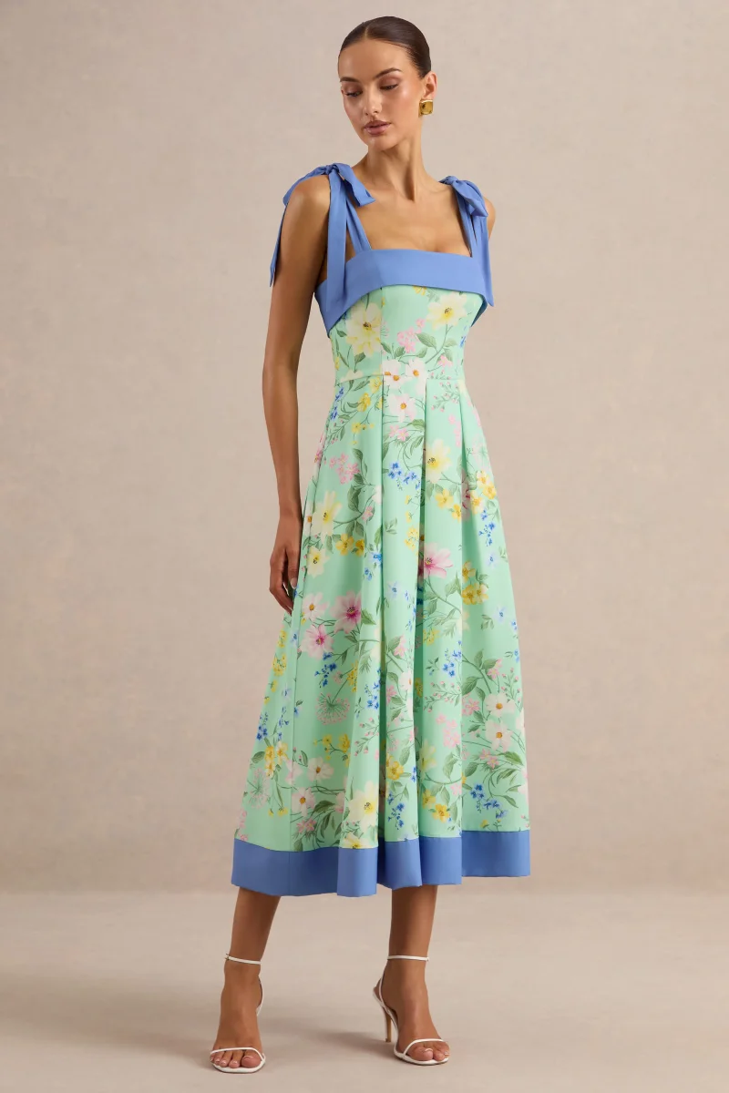 Marlisa | Vestido Midi Estampado Floral Verde Menta Con Escote Cuadrado Y Tirantes Con Lazos - Imagen 6