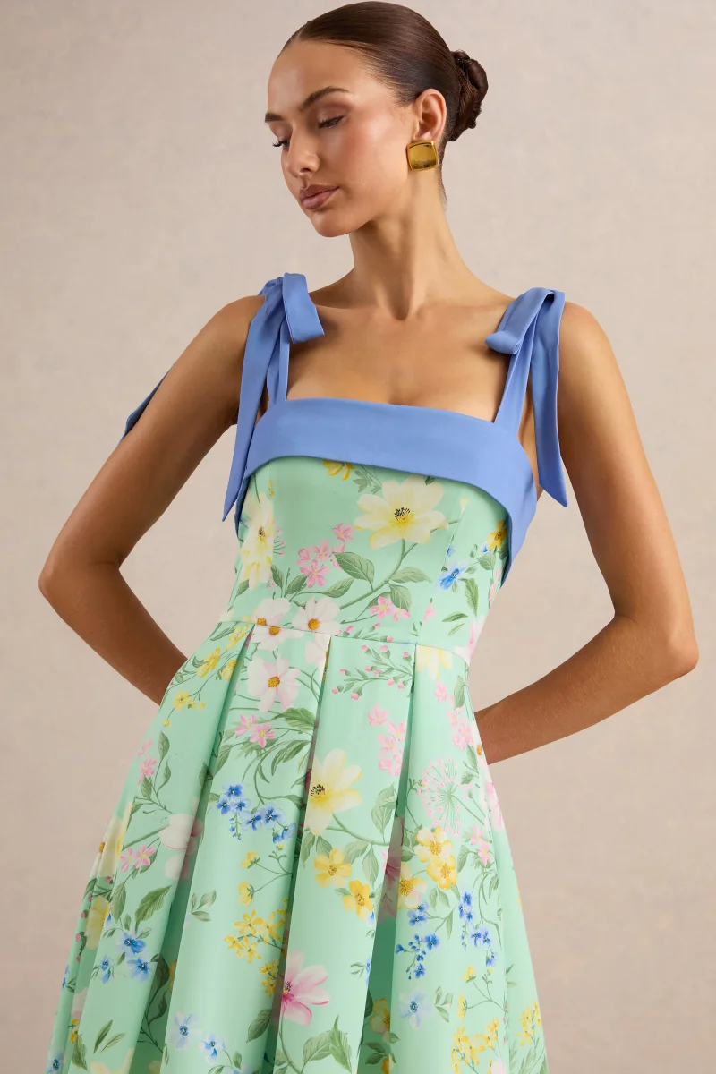 Marlisa | Vestido Midi Estampado Floral Verde Menta Con Escote Cuadrado Y Tirantes Con Lazos - Imagen 5