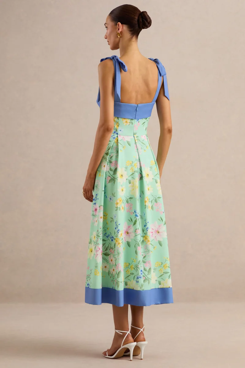 Marlisa | Vestido Midi Estampado Floral Verde Menta Con Escote Cuadrado Y Tirantes Con Lazos - Imagen 3