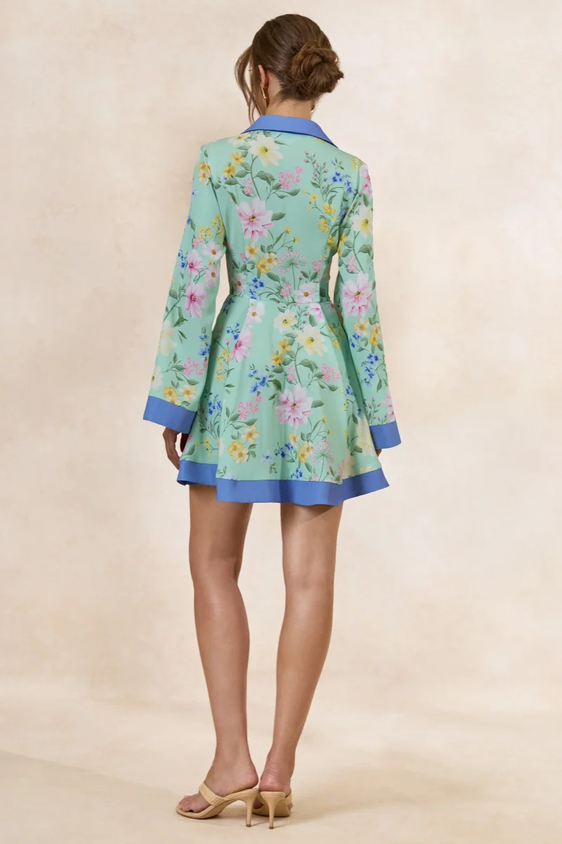 Ionee | Vestido Mini Camisero Verde Menta Con Estampado Floral En Borde - Imagen 9