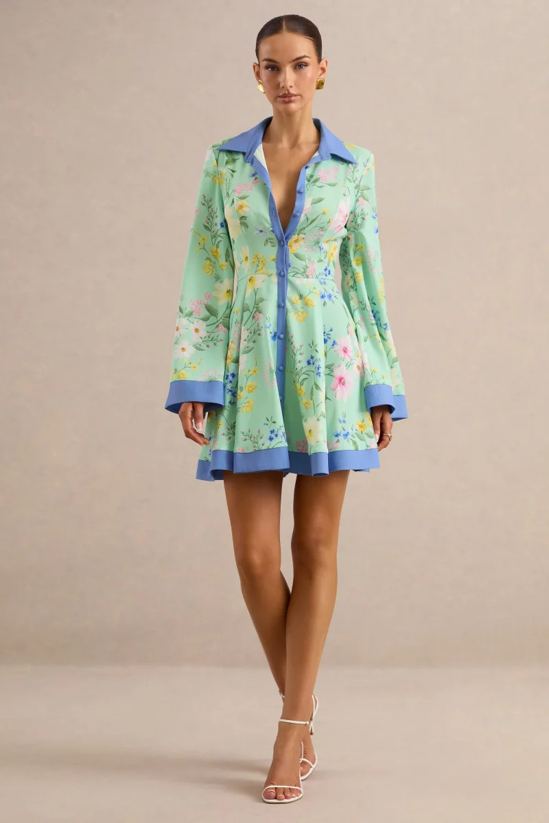 Ionee | Vestido Mini Camisero Verde Menta Con Estampado Floral En Borde - Imagen 4