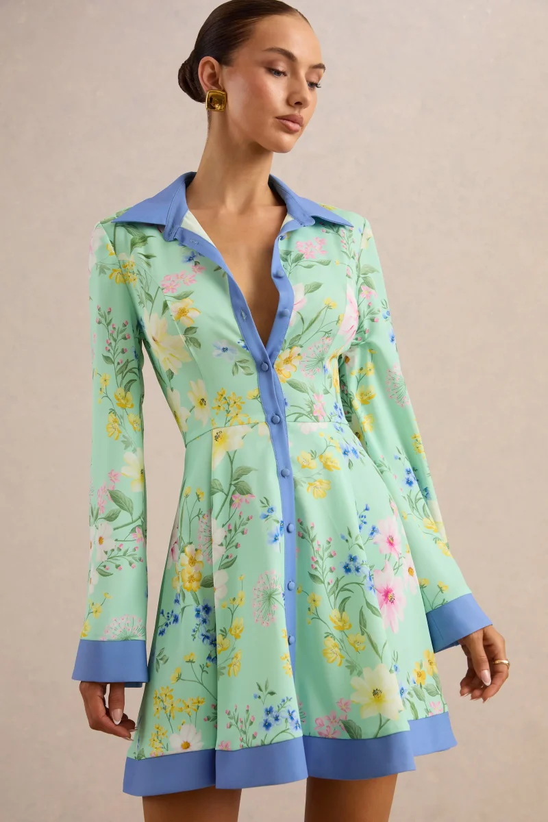Ionee | Vestido Mini Camisero Verde Menta Con Estampado Floral En Borde - Imagen 5