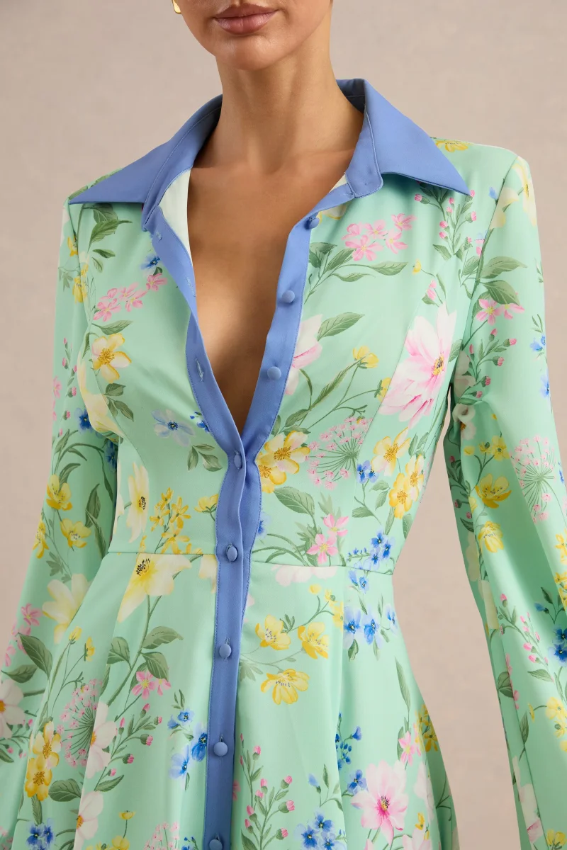 Ionee | Vestido Mini Camisero Verde Menta Con Estampado Floral En Borde - Imagen 7