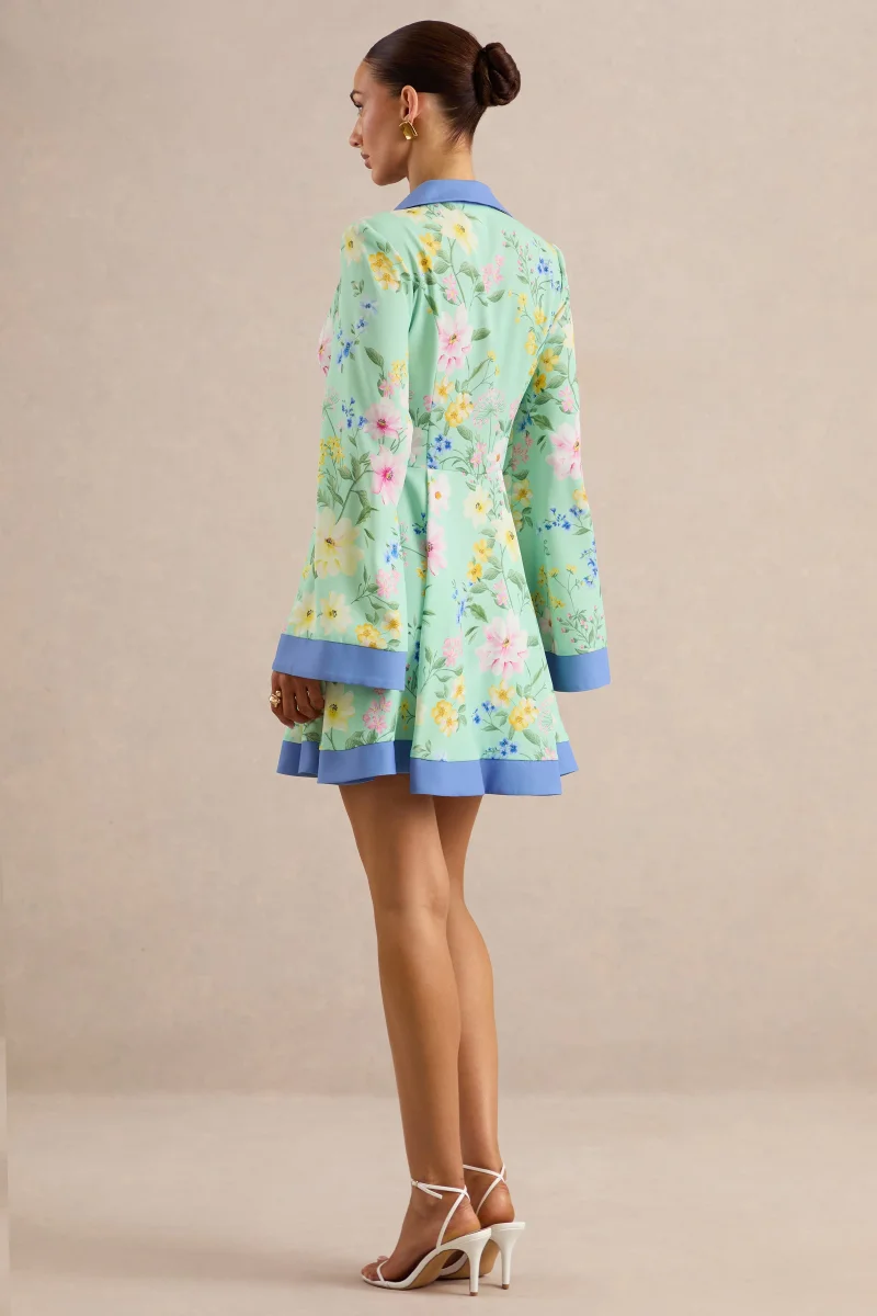 Ionee | Vestido Mini Camisero Verde Menta Con Estampado Floral En Borde - Imagen 3