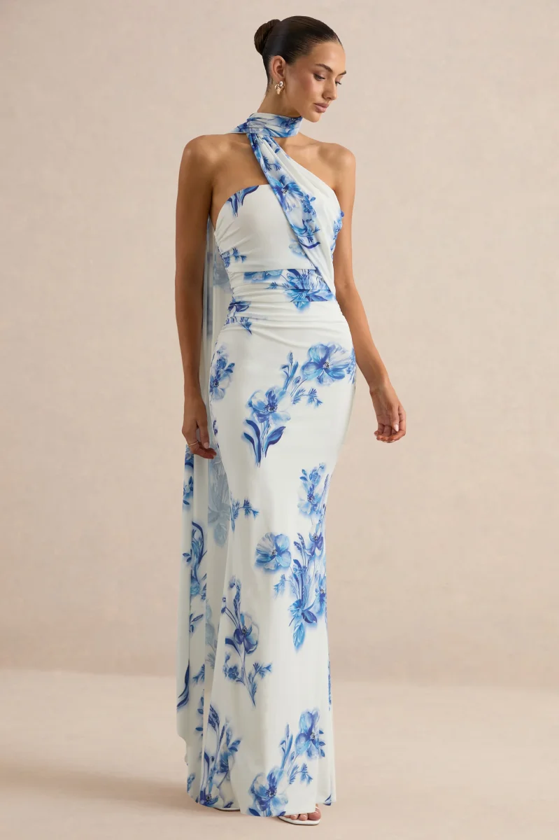 Iraida | Vestido Largo Azul Con Estampado Floral, Escote Alto Y Detalle De Pañuelo - Imagen 5