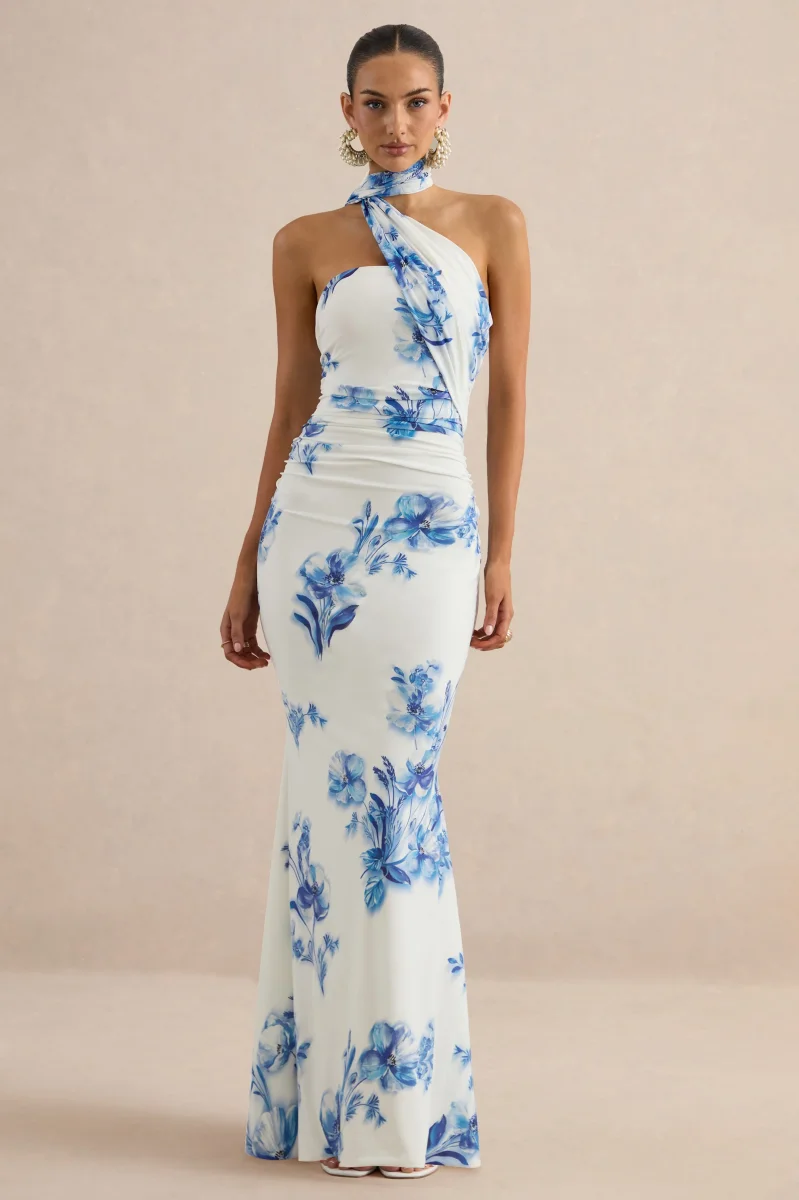 Iraida | Vestido Largo Azul Con Estampado Floral, Escote Alto Y Detalle De Pañuelo