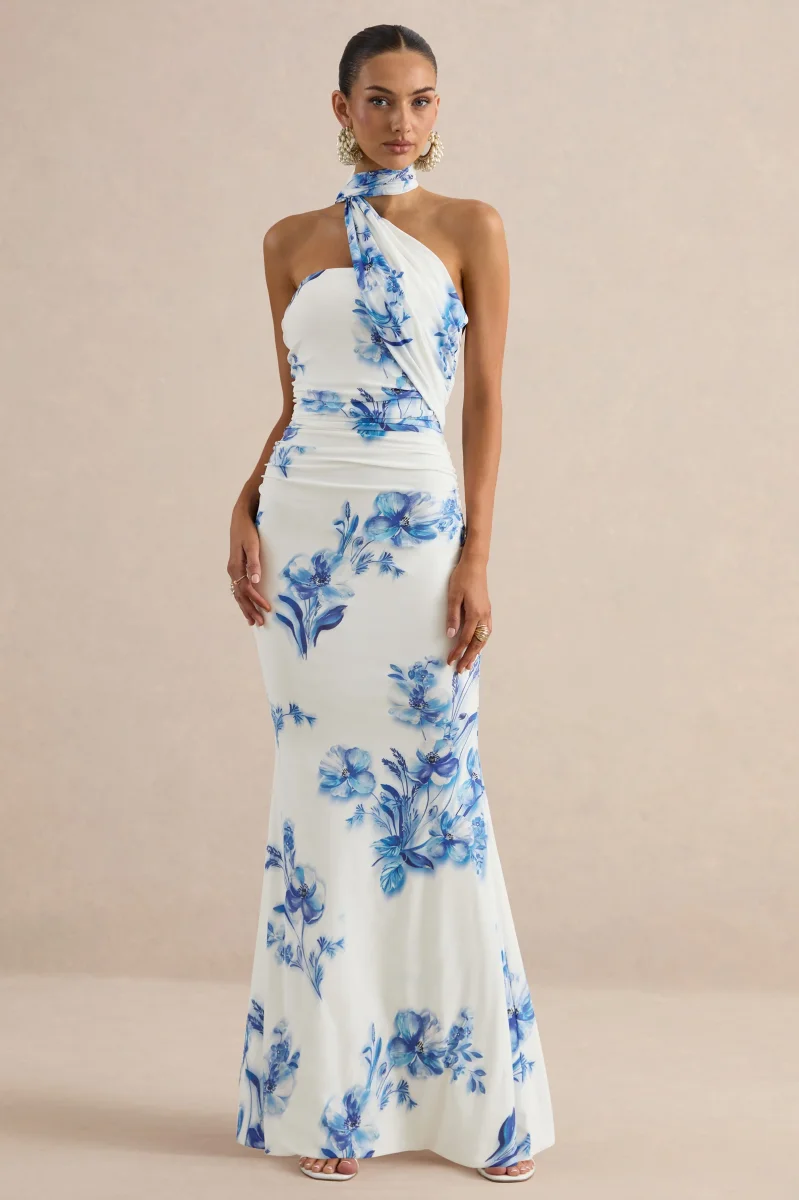 Iraida | Vestido Largo Azul Con Estampado Floral, Escote Alto Y Detalle De Pañuelo - Imagen 6