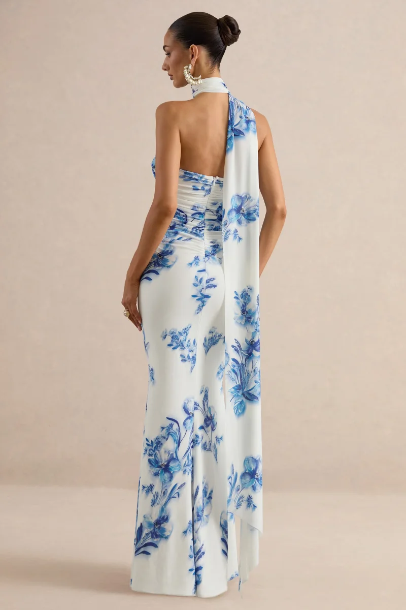 Iraida | Vestido Largo Azul Con Estampado Floral, Escote Alto Y Detalle De Pañuelo - Imagen 3
