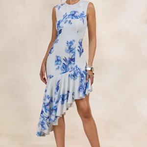 Isalyn | Vestido Midi Azul Con Estampado Floral, Escote Redondo Y Bajo Asimétrico
