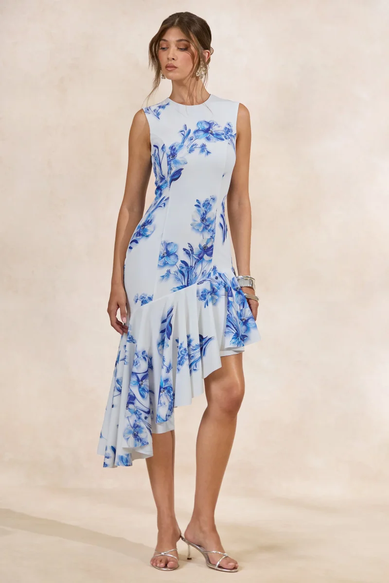 Isalyn | Vestido Midi Azul Con Estampado Floral, Escote Redondo Y Bajo Asimétrico - Imagen 5