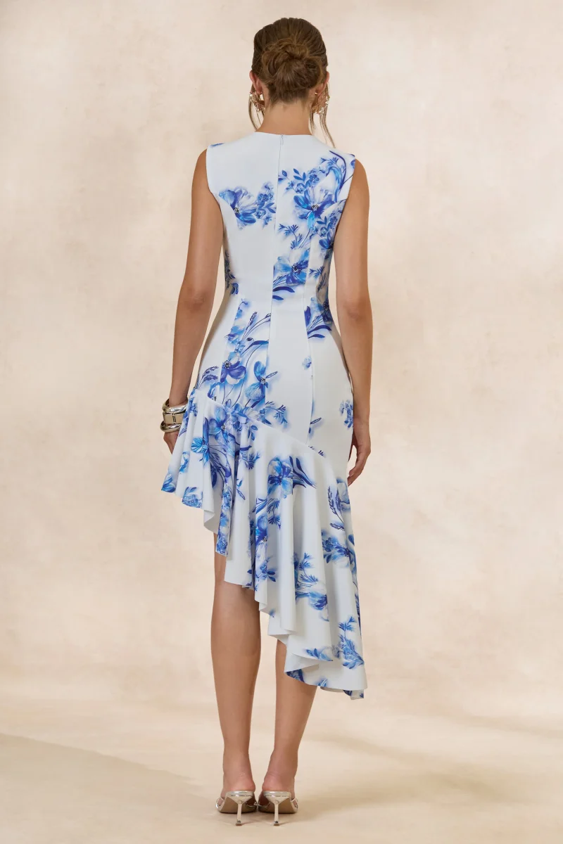 Isalyn | Vestido Midi Azul Con Estampado Floral, Escote Redondo Y Bajo Asimétrico - Imagen 3