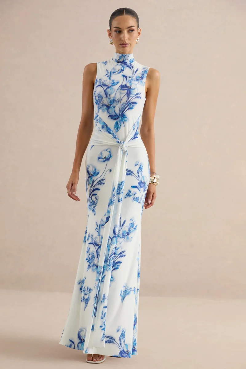 Isella | Vestido Largo Azul Con Estampado Floral, Escote Alto Y Detalle Fruncido - Imagen 5
