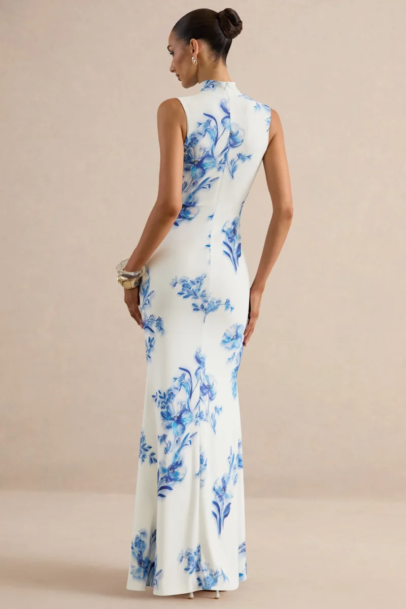 Isella | Vestido Largo Azul Con Estampado Floral, Escote Alto Y Detalle Fruncido - Imagen 3