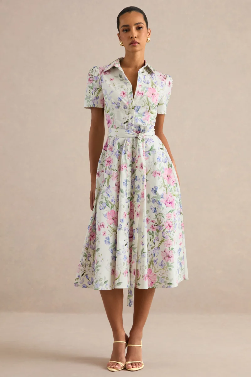 Viviette | Vestido Midi Color Crema Con Estampado Floral Y Cuello Camisero - Imagen 6