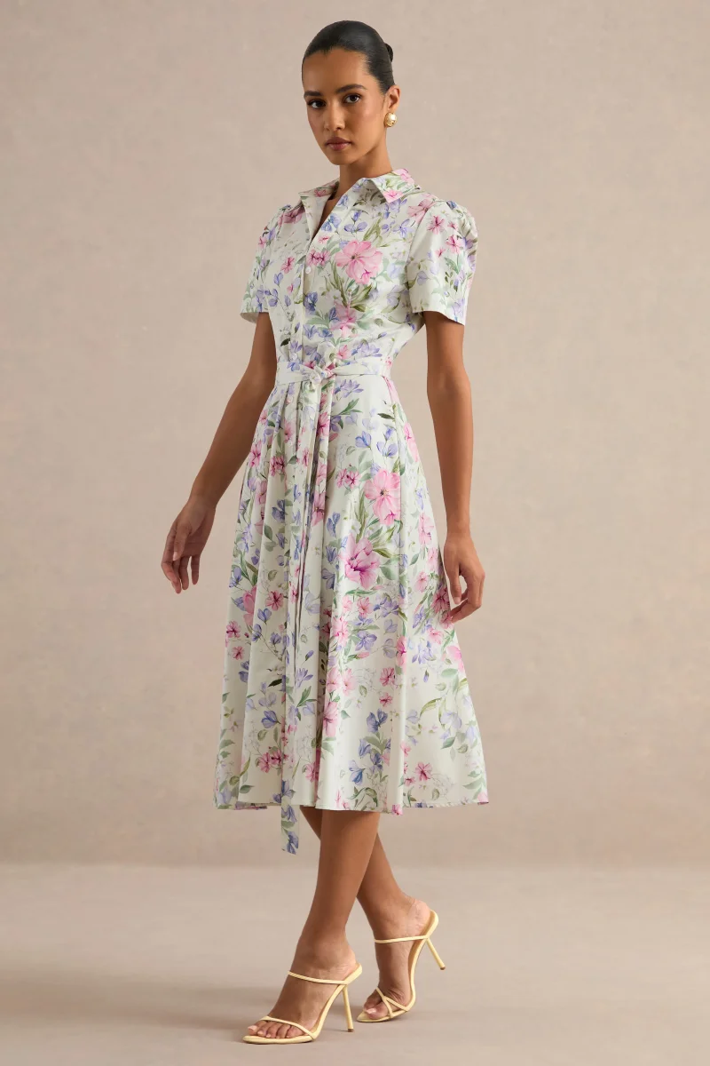 Viviette | Vestido Midi Color Crema Con Estampado Floral Y Cuello Camisero - Imagen 5