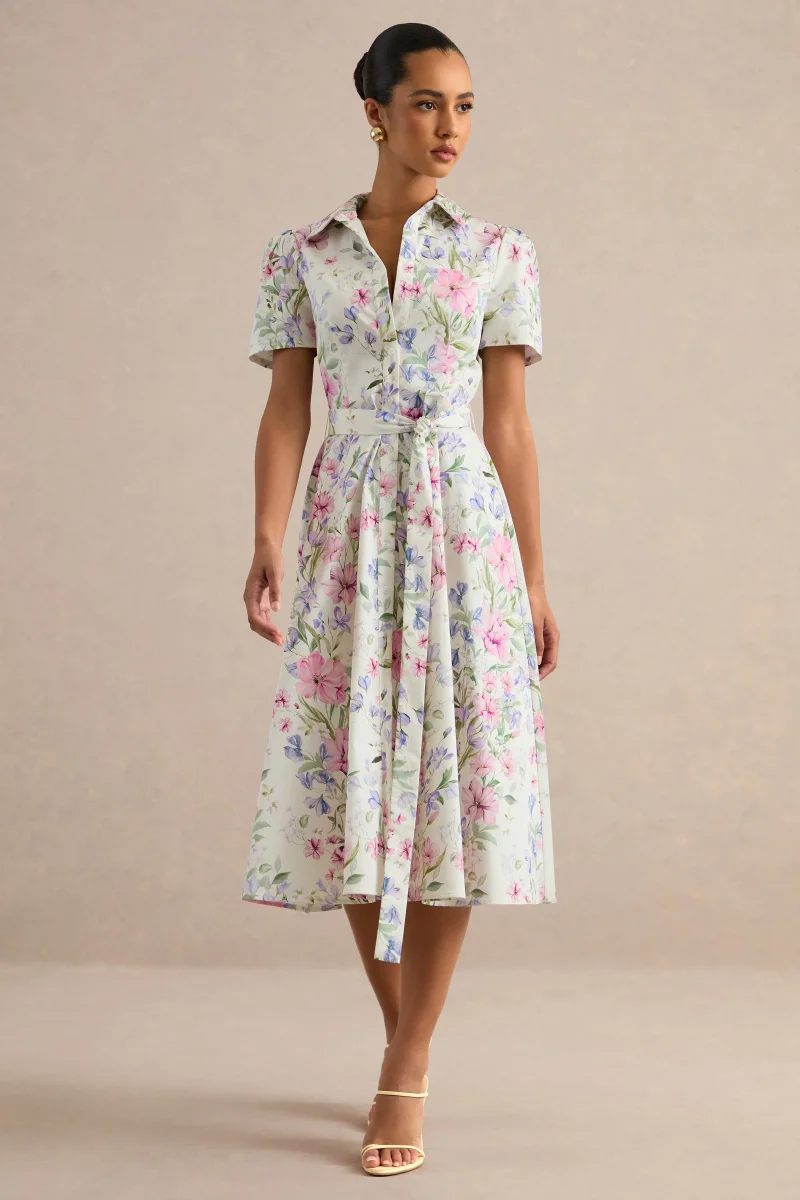 Viviette | Vestido Midi Color Crema Con Estampado Floral Y Cuello Camisero - Imagen 2