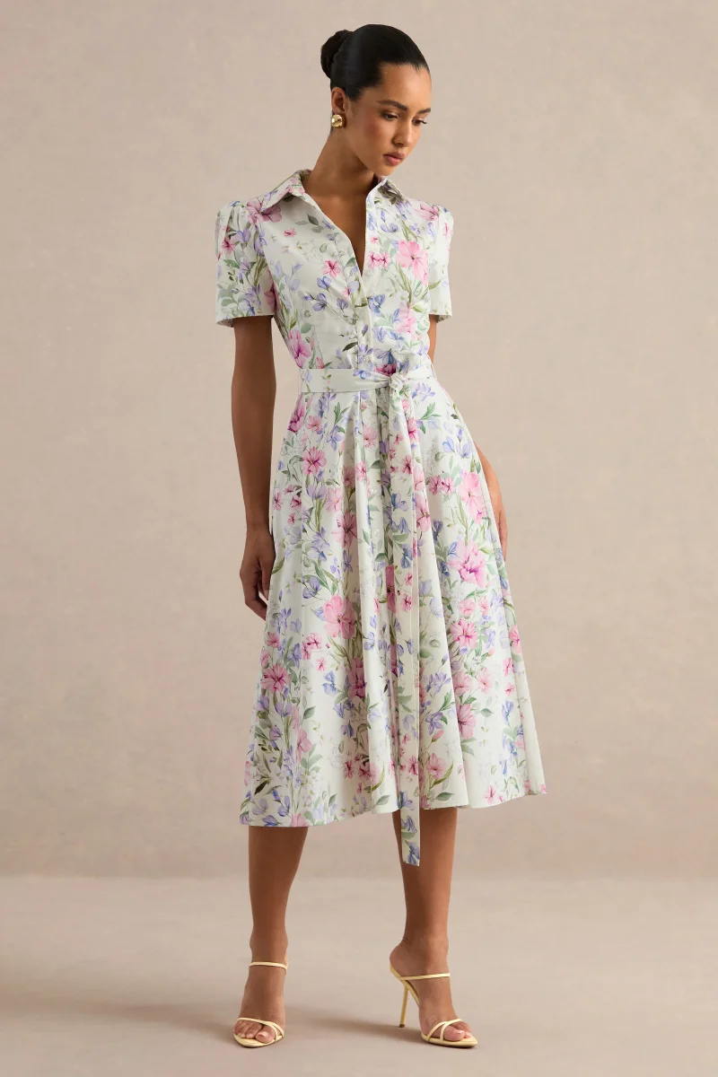 Viviette | Vestido Midi Color Crema Con Estampado Floral Y Cuello Camisero - Imagen 7