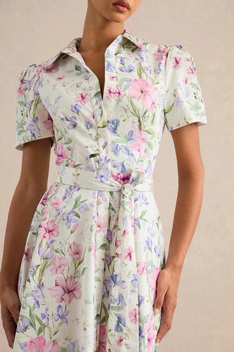 Viviette | Vestido Midi Color Crema Con Estampado Floral Y Cuello Camisero - Imagen 4